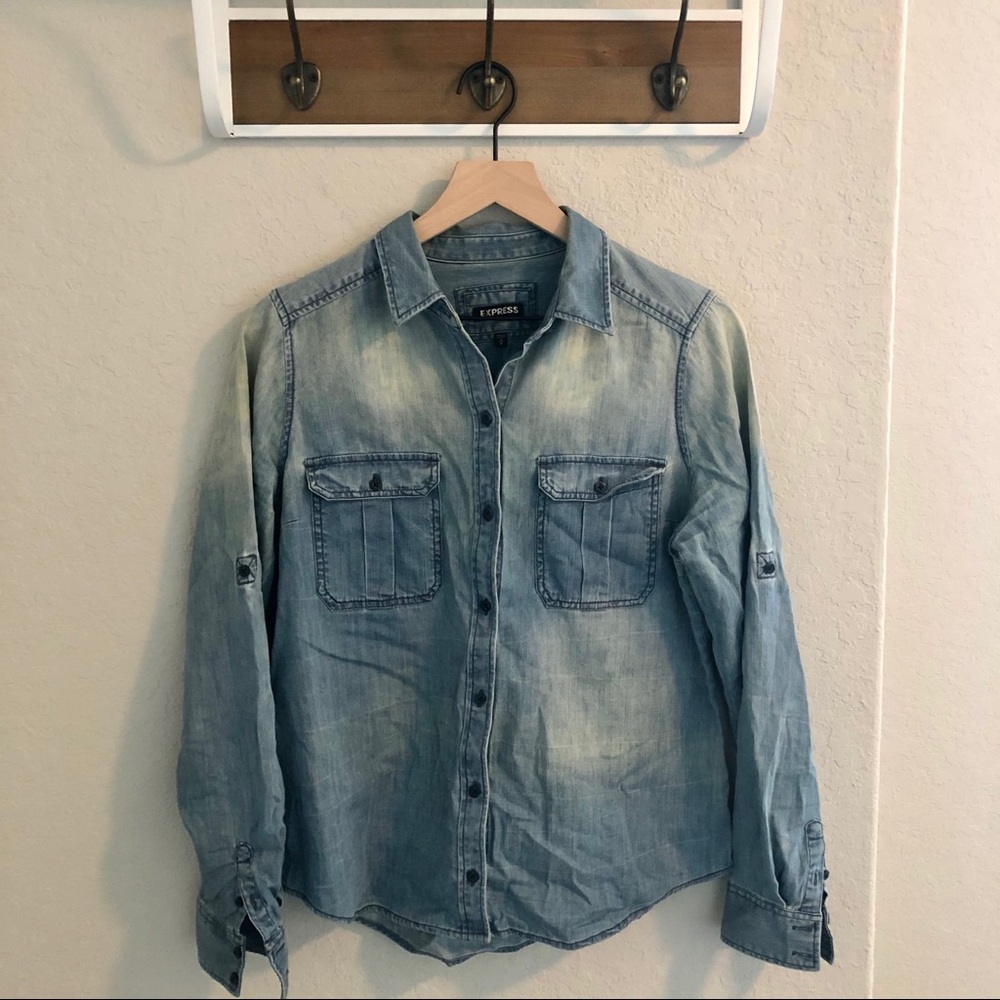Express Faded Denim Button Down Shirt Medium